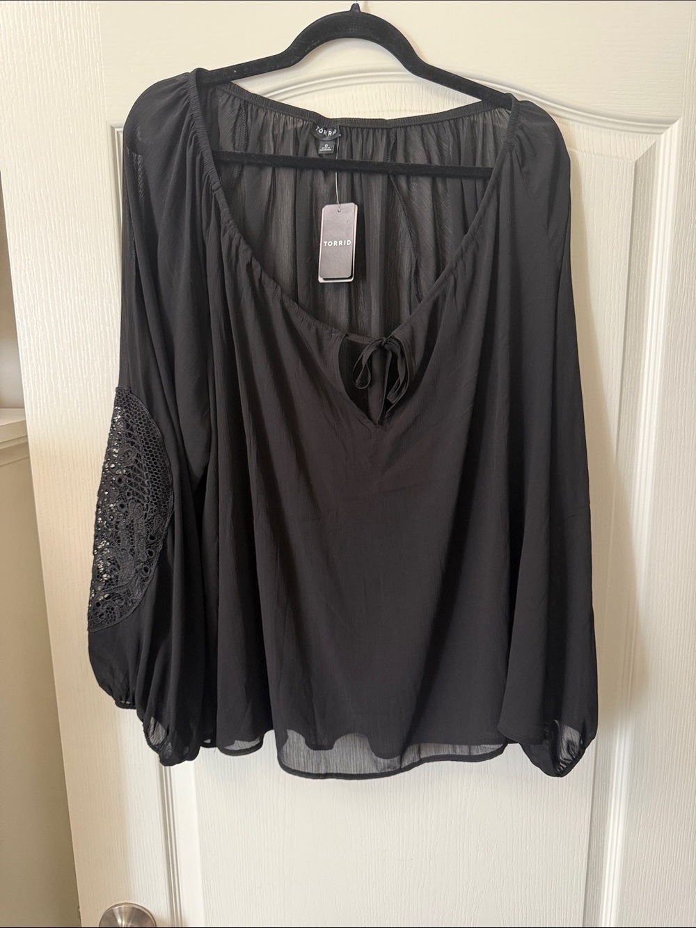 torrid Black Peasant Tie-Front Blouse with Lace Elbow Detail